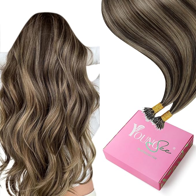 YoungSee Nano Beads Hair Extensions Human Hair 24in Brown Highlight Nano Ring Hair Extensions Real Human Hair Brown Highlight Caramel Blonde Nano Extension for Long Hair Silky Straight 50s 50g
