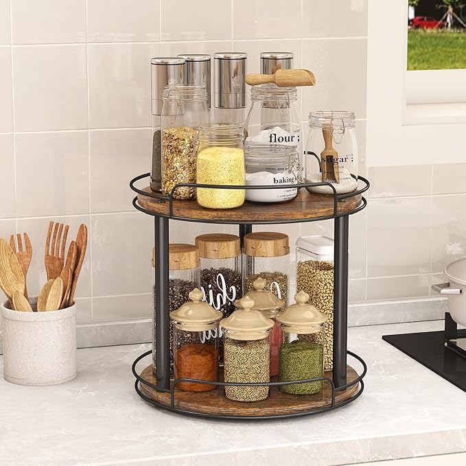 LAMU 12.2'' Wood Lazy Susan Turntable Organizer for Cabinet, 2 Tier Lazy Susan Spice Rack Organizer for Kitchen, Table Top, Countertop, Pantry, Bathroom