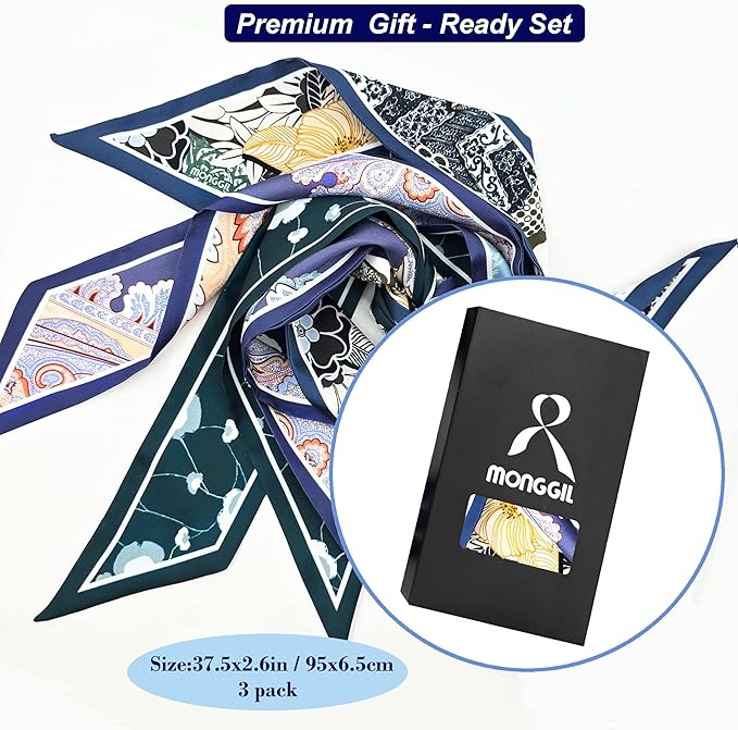 Skinny Scarf 3 Pack for Women – Bag Scarf, Silk Hair Scarves (Original Prints, Premium Twill, 3 Designs)