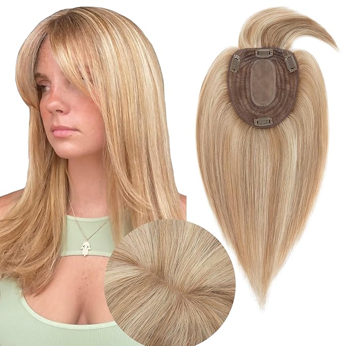 Hair Toppers for Women Real Human Hair With Bangs, 13 * 15 cm Larger Silk Base 150% Density Clip In Topper Hairpieces, Wiglet Top Pieces Add Volume -10 Inch 12P613 Golden Brown&Bleach Blonde