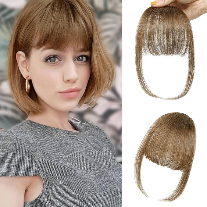 NAYOO Bangs Hair Clip - Moca Brown Fake Bangs 100% Real Human Hair Extensions Wispy Bangs for Women Fringe with Temples Hairpieces Curved Bangs for Daily Wear