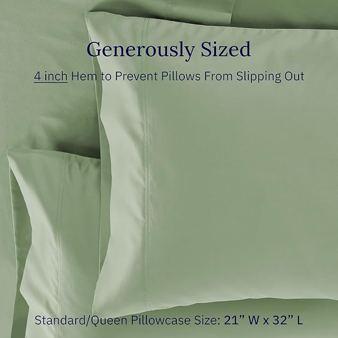 California Design Den Premium Standard Pillow Cases Set of 2-600 Thread Count Sateen, Natural 100% Cotton Pillowcases Queen/Standard, Crisp, Durable Bedding - Laurel Green