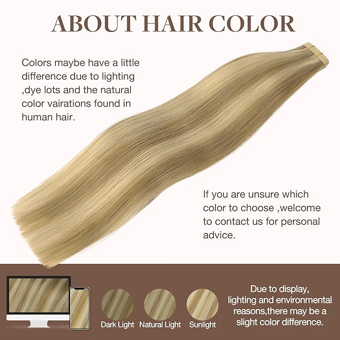 GOO GOO Tape in Hair Extensions Human Hair, 16/22 Light Blonde Highlighted Golden Blonde, 14inch 50g 20pcs, Skin Weft Seamless Invisible, Silky Straight with Thick Ends, Remy Human Hair