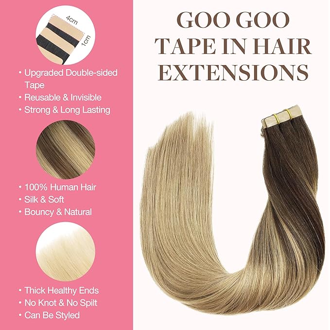 GOO GOO Tape in Hair Extensions Human Hair, 4/18 Balayage Chocolate Brown Highlighted Dirty Blonde, 16inch 100g 40pcs, Skin Weft Seamless Invisible, Silky Straight with Thick Ends, Remy Human Hair
