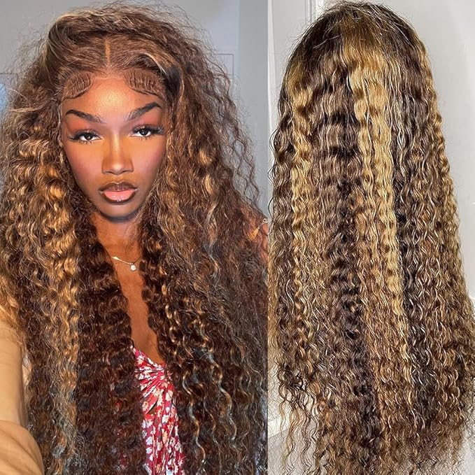 bangjazz 28 Inch Deep Wave Lace Front Wigs Human Hair 180% Density Highlight Ombre 13x4 Lace Frontal Wigs Human Hair HD Lace P4/27 Wigs for Black Women Human Hair Pre Plucked Curly Lace Front Wig
