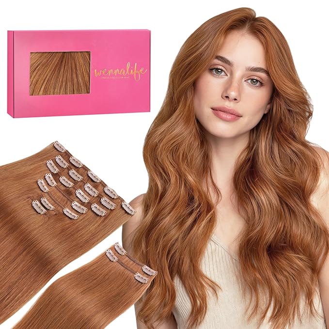 WENNALIFE Clip in Hair Extensions, 150g 14 Inch 9pcs Cinnamon Terra Copper Remy Hair Thicker Double Weft Extensiones De Cabello Humano Con Clip Ins Straight Full Volume