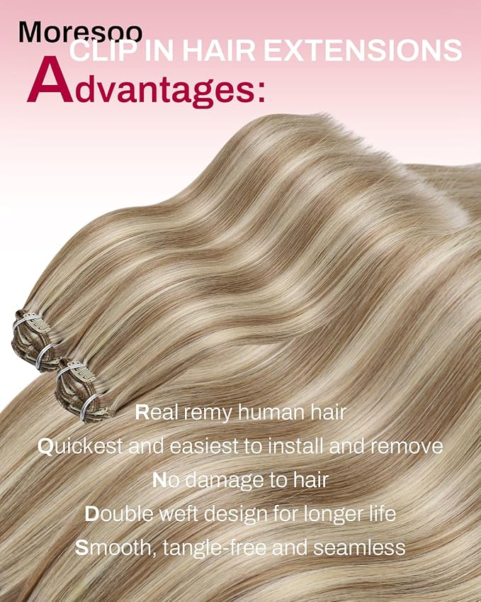 Moresoo Blonde Clip in Hair Extensions Highlights Platinum Blonde with Light Brown Hair Extensions Clip in Straight And Short Double Weft 80g/5pcs 10 inch