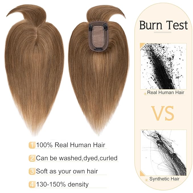SEGO Hair Toppers for Women Real Human Hair With Bangs, 7 * 13CM Silk Base 100% Remy Human Hair Clip in Top Wiglet Hairpieces Add Volume -10 Inch Light Brown