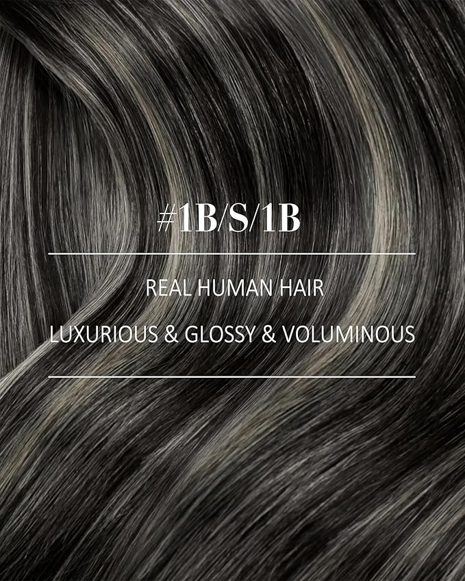 YoungSee Clip in Hair Extensions Black Ombre Hair Extensions Clip ins Balayage Black with Silver Clip in Hair Extension Human Hair Easy to Wear 16Inch 120G 7Pcs