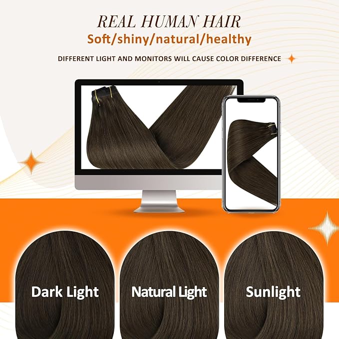 Full Shine Seamless Clip in Hair Extensions Human Hair Dark Brown Real Hair Clip in Extensions Straight Invisible Brazilian Hair Extensions Clip ins 20 Inch 120 Grams 8 Pcs