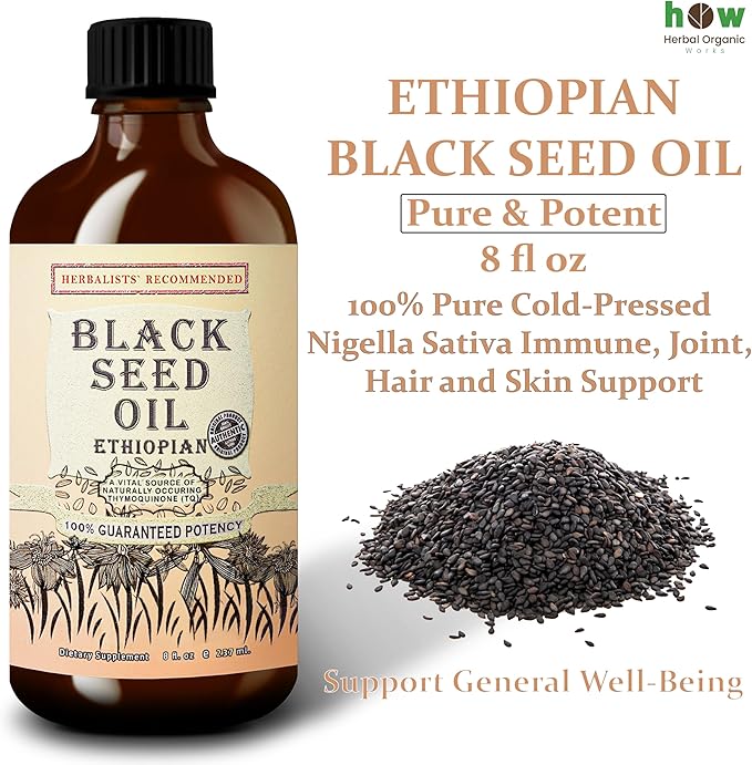 Black Seed Oil 8 oz - Cold Pressed Ethiopian Black Cumin Nigella Sativa, 3X Thymoquinone, 100% Pure Liquid in Glass Bottle - Supports Immune, Hair, and Skin Health