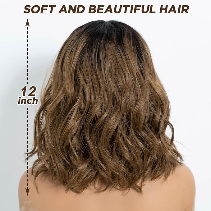 NOBLE Bob Wig with Bangs Short Wavy Wig for Women Ombre Light Brown Shoulder Length Wig Heat Resistant Synthetic Wigs for Daily Party Use 12 Inches