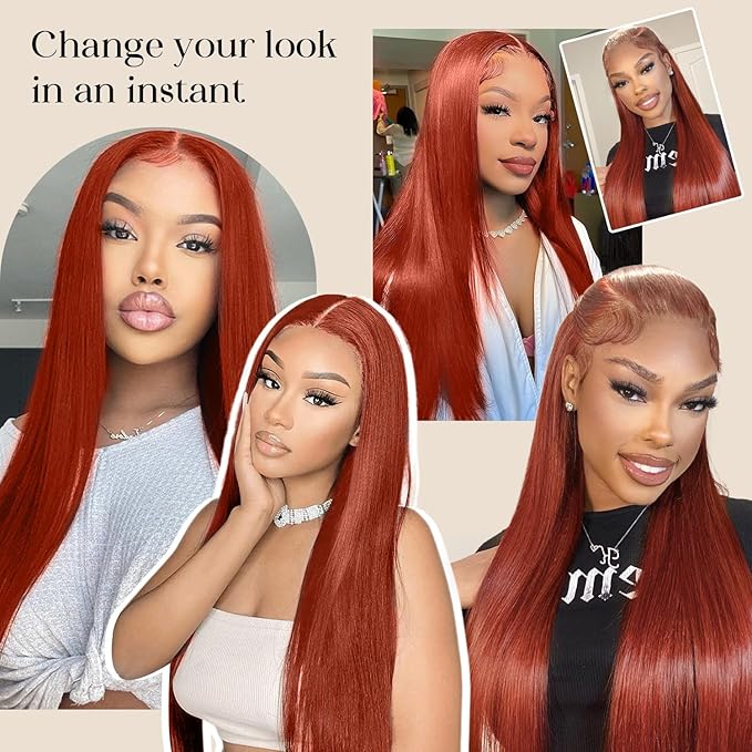 250 Density Straight Lace Front Wigs Human Hair Pre Plucked 13x4 HD Transparent Lace Front Wigs Human Hair for Women Reddish Brown Lace Frontal Wigs 33# Colored 28Inch