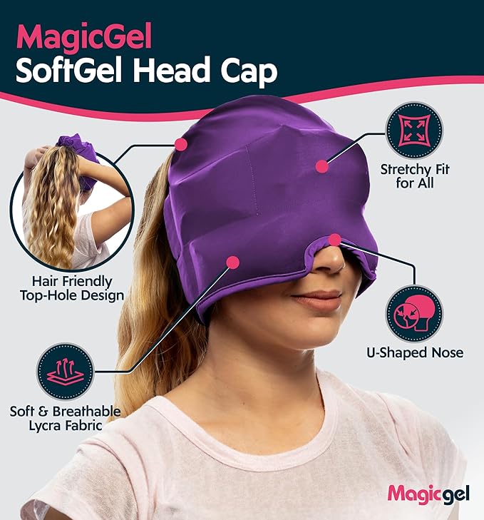 Magic Gel Migraine Ice Head Wrap - Real Migraine & Headache Relief | The Original Headache Cap | Cold, Comfortable, Dark & Cool; Endorsed by Physicians, Loved by Thousands - Purple
