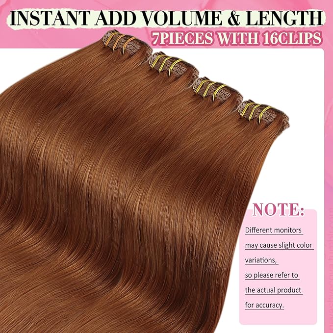 YoungSee Hair Extensions Clip ins Copper Clip in Human Hair Extensions Copper Straight Clip in Extensions Dyable Remy Hair for Women 20inch 120g 7pcs