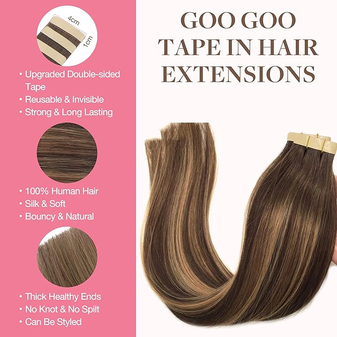 GOO GOO Tape in Hair Extensions Human Hair, 4/27/4 Balayage Chocolate Brown to Caramel Blonde, 22inch 50g 20pcs, Thick Ends Straight Seamless, Invisible