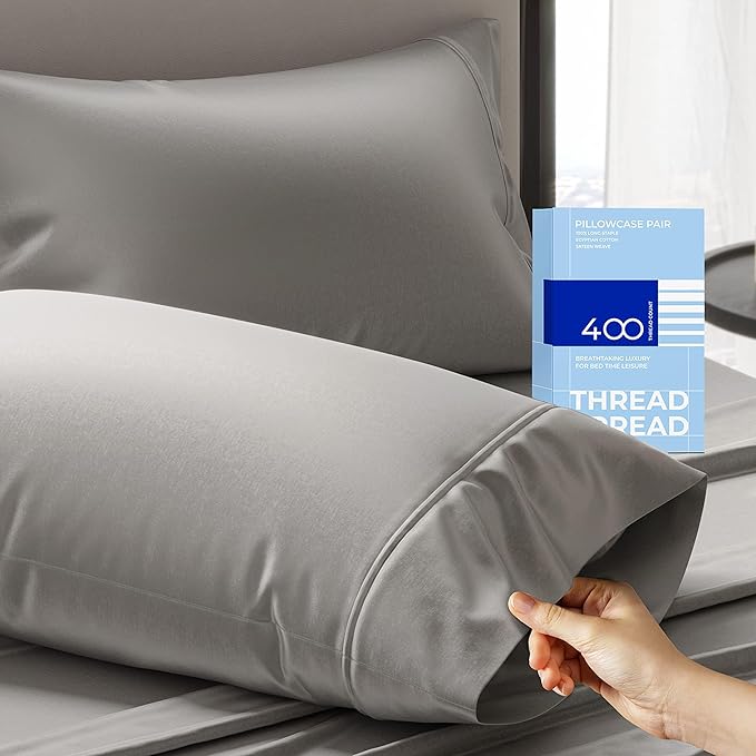 THREAD SPREAD 100% Cotton King Size Pillowcases Sets of 2-400 Thread Count Cotton Pillow Cases, Ultra Soft Cool Sateen Weave King Pillow Cases, Set of 2 Pillow Covers for King Pillows (Dark Grey)