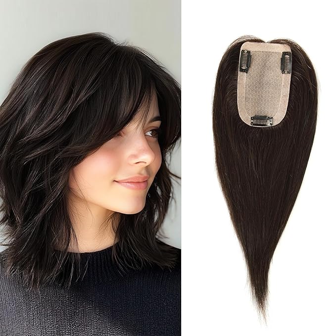 Hair Toppers for Women Real Human Hair, 3x5 Inch Injected Silk Base 12 Inch Length 130% Density No Bangs Hairpieces #1C Natural Black (Subtle Red Undertones in Sunlight)