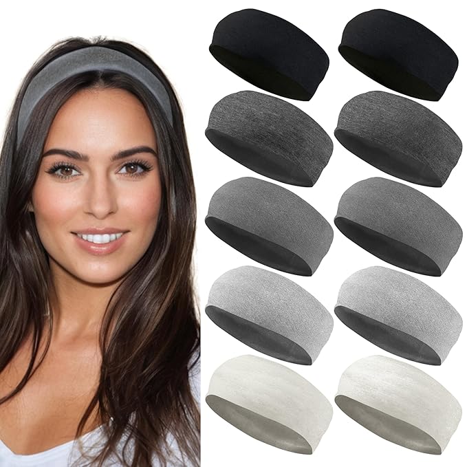 Styla Hair Headbands for Women Stretch Fashion Head Bands 10 Pack Non-Slip Head Wraps Great for Spa, Sports, Yoga, Pilates, Running, Gym Headband, Workouts (Black Grey)