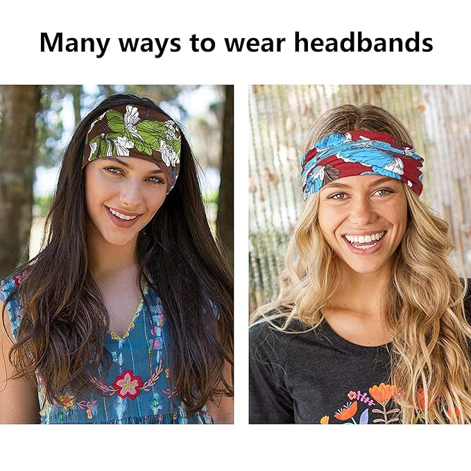 Yeshan Boho Bandeau headbands for Women Wide Bandana Knot Hair Scarf Floral Printed African Hair Bands Elastic Turban Thick Head Wraps Stretch Cotton Head Bands,Pack of 6