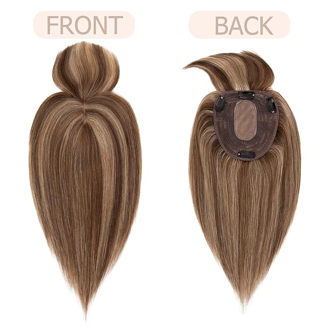 Hair Toppers for Women Real Human Hair With Bangs, 13 * 15 cm Larger Silk Base 150% Density Clip In Topper Hairpieces, Wiglet Top Pieces Add Volume -12 Inch 4P27 Medium Brown&Dark Blonde