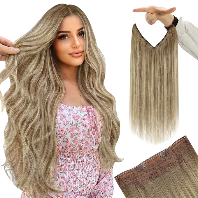 YoungSee 100G Wire Hair Extensions Light Brown Mix Platinum Blonde Human Hair Wire Balayage Fish Line Hair Extensions Real Human Hair Long Straight Hair 20Inch