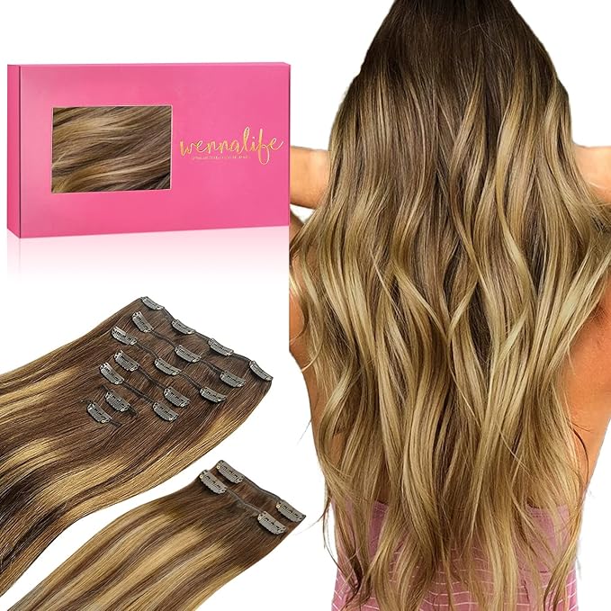 WENNALIFE Balayage Chocolate Brown to Caramel Blonde Human Hair Extensions, 150g 20 Inch 9pcs Thicker Clip-in Real Hair Clip Set Double Weft
