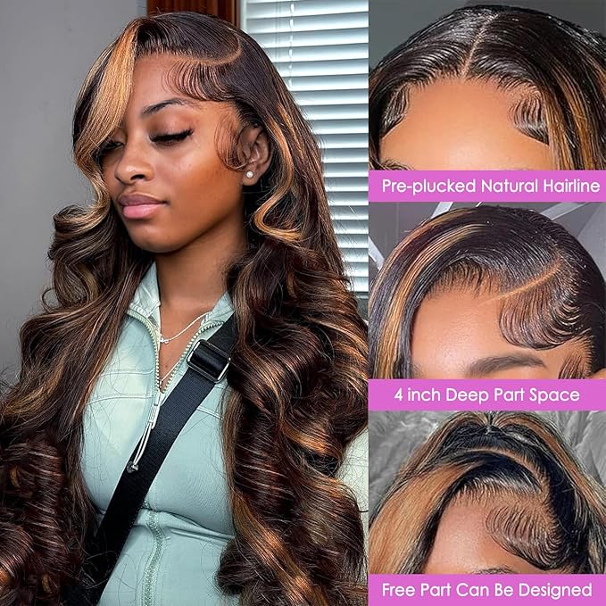 30 inch Highlight Body Wave Lace Front Wigs Human Hair Pre Plucked 200 Density 1B/30 Ombre Frontal Wigs Human Hair 13x4 Transparent Lace Wig Glueless Balayage Wigs for Women