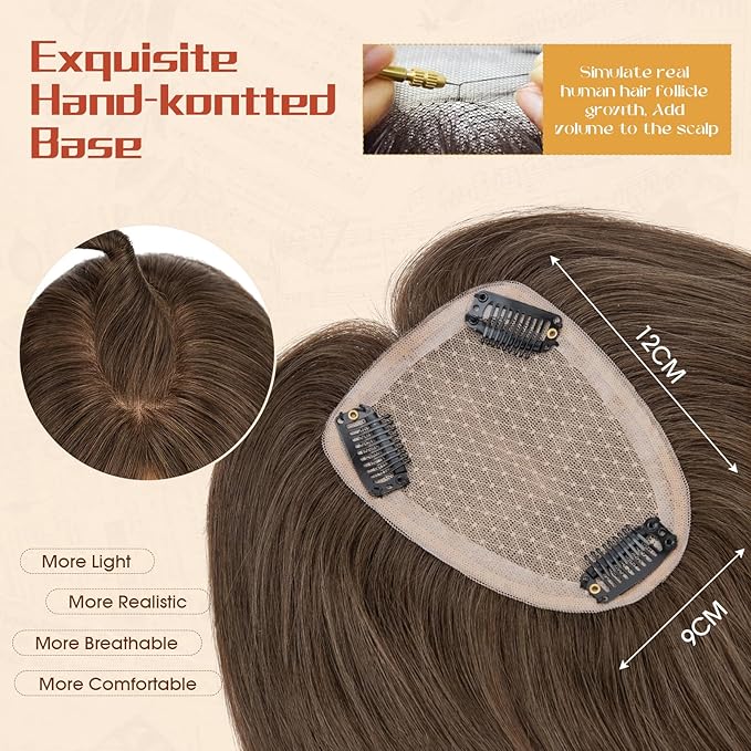 Rich Choices Human Hair Toppers for Women-100% Real Remy Hair Topper No Bang-Upgraded 150% Density 9 * 12CM Lace Base-Clip in Hairs Topper for Thinning Hairs-14Inch #2 Dark Brown