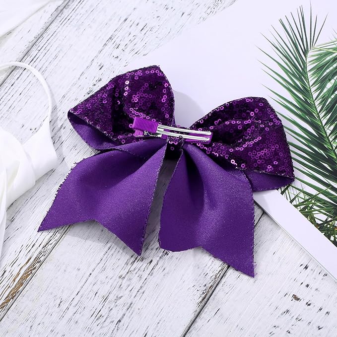 Large Glitter Cheer Bows Clips, Jumbo Big 7 Inch Cheerleading Sequin Hair Bow Hair Accessories for Teens Girls Football Sports Cheerleader Outfit Uniform (Dark Purple)