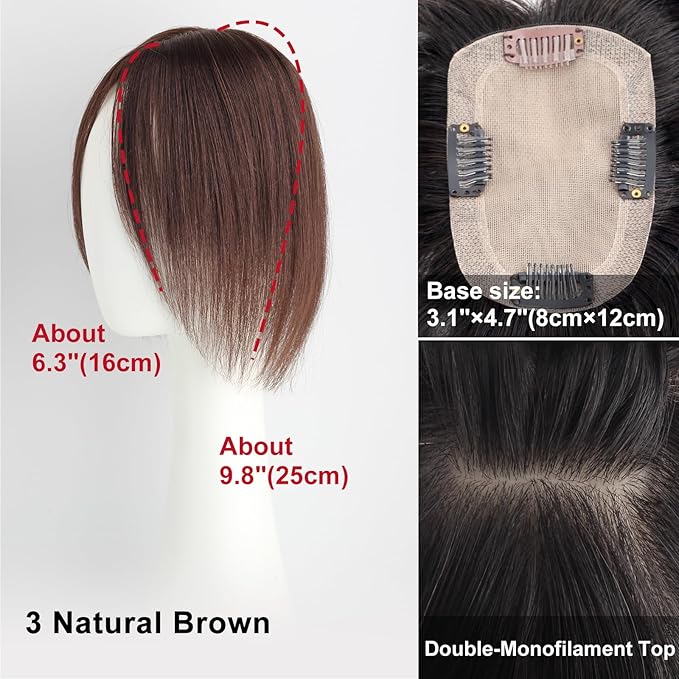 Real Human Hair Topper Double-Monofilament Top Hand-Tied Hair Pieces Mid Length for WomenThinning Hair BHADS812 (3 Natural Brown × Hair Length:9.8"(25cm), Base Size:3.1"×4.7"(8cm×12cm))