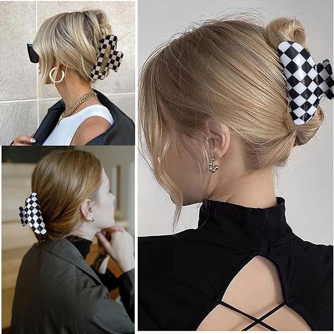 Womens Checkered Hair Clip Large Checkered Claw Clips Black And White Jaw Clip,2pack