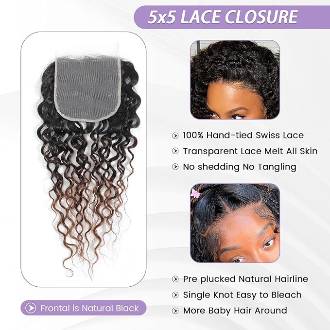 T1B/2/30 Ombre Water Wave Closure 5x5 100% Real Human Hair 20 Inch Chestnut Brown Ombre Water Wave Transparent Lace Closure