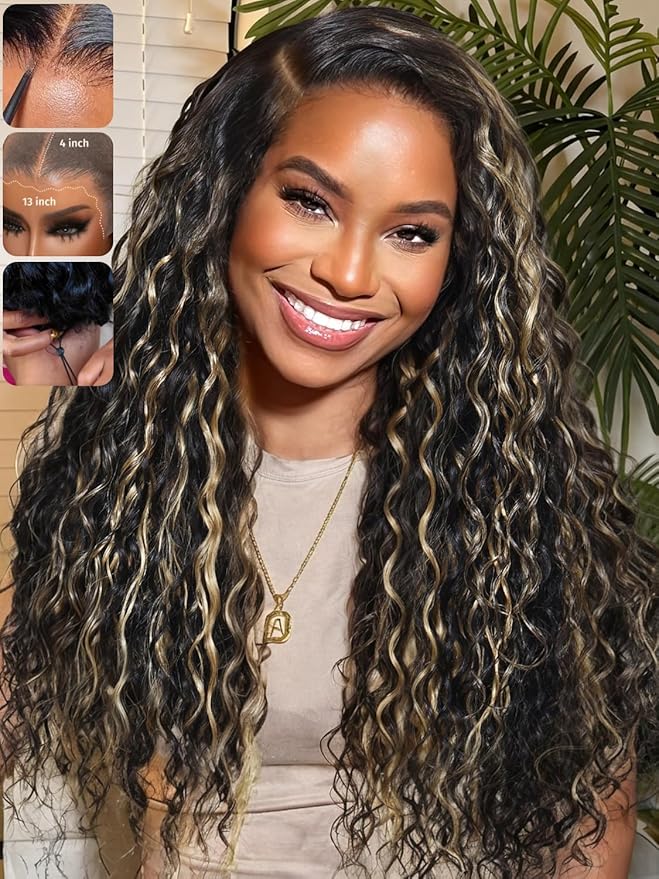 KLAIYI Ombre Highlight Blonde Water Wave Glueless Pre Everything 13x4 Lace Front Wigs Human Hair Drawstring Pre Plucked Pre Bleached Bye Bye Knots Curly Wig with Dark Roots Ready to Wear and Go 20Inch