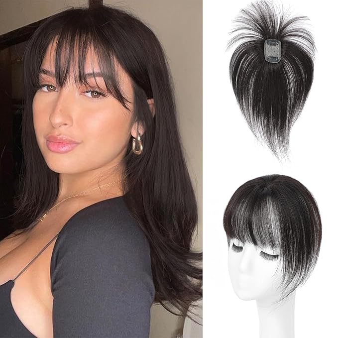 Hair Toppers for Women Real Human Hair - 360° Coverage Brown Black Clip In Topper with Bangs for Thinning Hair Upgraded 4×6 cm Silk Base Ideal for Everyday Use