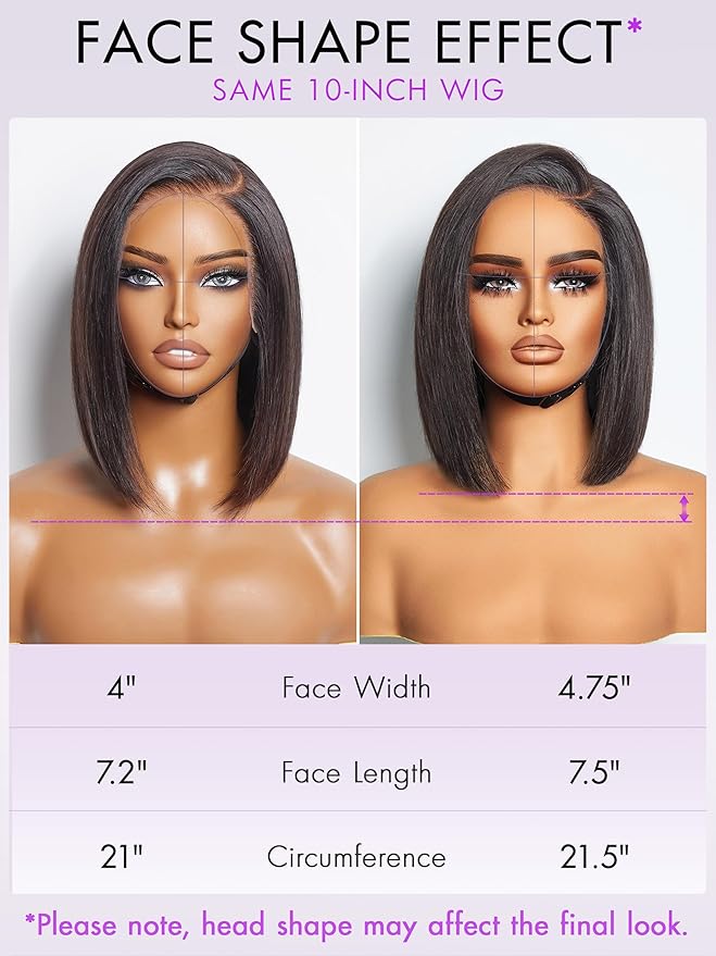 LUVME HAIR 10Inch Glueless Lace Front Bob Wig, 100% Human Hair, 13x5x1, Side Part, Straight, Modern, for Women