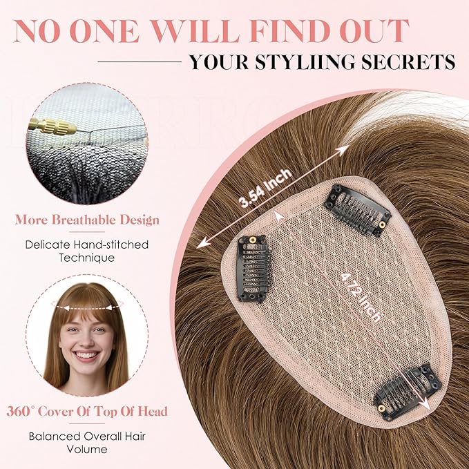 Hairro Human Hair Toppers with Wispy Bangs, 3.5x4.7" Hand-wovened Base for Women with Thinning Hair, Lightweight & Breathable Realistic Scalp, Clip-in Hairpieces for Easy Wear, 10 Inch Medium Brown