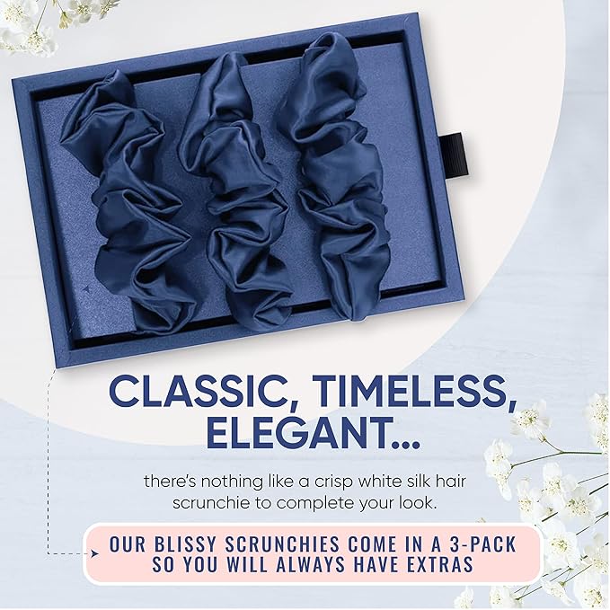 Blissy Silk Scrunchies (3 Pack) - 100% Pure Mulberry Silk - 22 Momme 6A High-Grade Fibers Scrunchie for Straight & Curly Hair - Preventing Breakage, Tangling, & Creasing (Blue Regular)