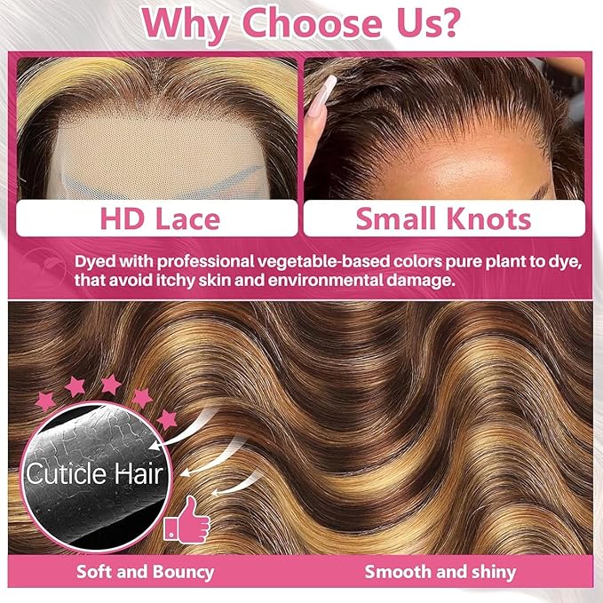 18 Inch 13x6 Lace Front Wigs Human Hair 200 Density P4/27 Highlight Ombre Body Wave HD Lace Front Wigs Human Hair Pre Plucked