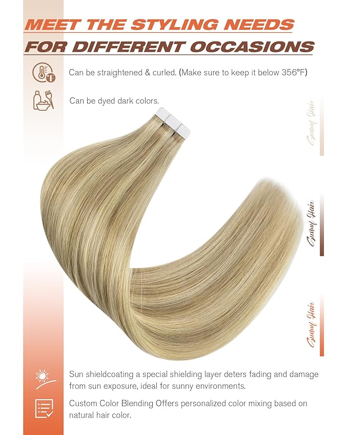 Sunny Hair Tape in Hair Extensions Real Human Hair Invisible Remy Hair Extensions Tape ins for Women Golden Blonde Highlight Medium Blonde 22 inch 20Pcs 50G