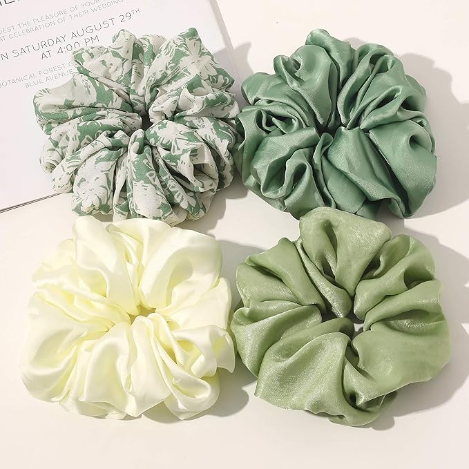 Scrunchies Hair Ties for Women - Big Silk Satin Scrunchie Exra Large Jumbo Gaint Oversized Cute Chiffon Scrunchy for Curl Thick Hair Green Ligas Para el Cabello De Mujer Decorations Gift for Girls