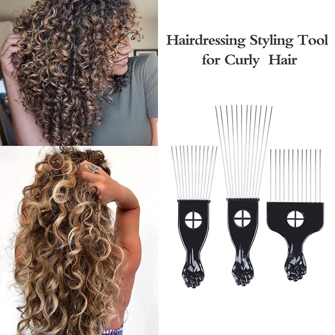 6Pcs Afro Picks Metal Hair Combs, 3 Sizes Steel Teeth Hair Pick for Curly, Coily, Natural Hair, Detangling & Styling Comb for Men Women (Black)