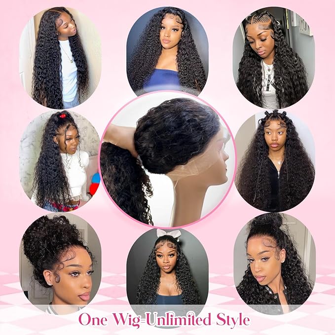 360 Glueless Drawstring Wig Human Hair 26 Inch Pre Plucked Hidden Strap 360 Water Wave Lace Front Wigs,180% Density Curly Wet and Wavy HD Full 360 Lace Frontal Human Hair Wig