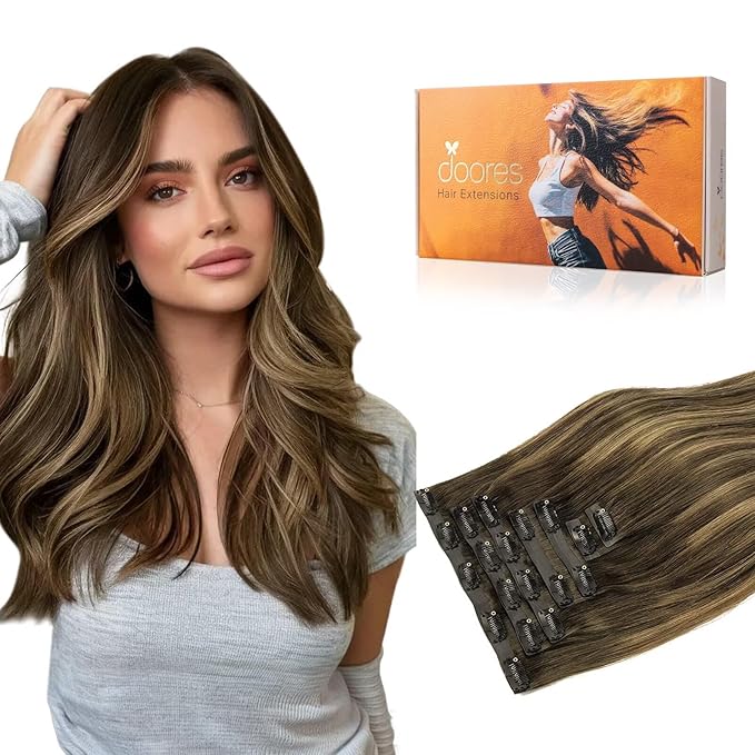 DOORES Seamless Clip in Real Human Hair Extensions, Chocolate Brown to Caramel Blonde 20 Inch 7pcs 110g, Invisi Edge Clip in Hair Extensions Remy Straight