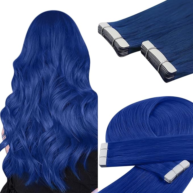 YoungSee Tape in Hair Extensions Real Human Hair Blue Invisible Tape in Human Hair Extensions Blue 18 Inch Seamless Tapes Hair-Extensions Colored 10pcs 25g Prom Night Hair Extension