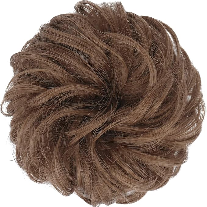 FESHFEN Messy Bun Hair Piece - Elastic Wavy Curly Hair Bun Scrunchies Extensions Synthetic Chignon Hairpieces for Women Girls, Medium Auburn 1.5 oz