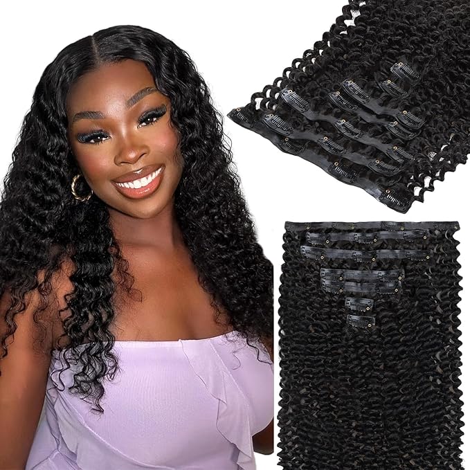 Lashey Kinky Curly Clip in Hair Extensions 110g 7pcs 16 Inch Natural Black Seamless Clip in Hair Extensions Human Hair with Soft Invisible PU Weft for Women