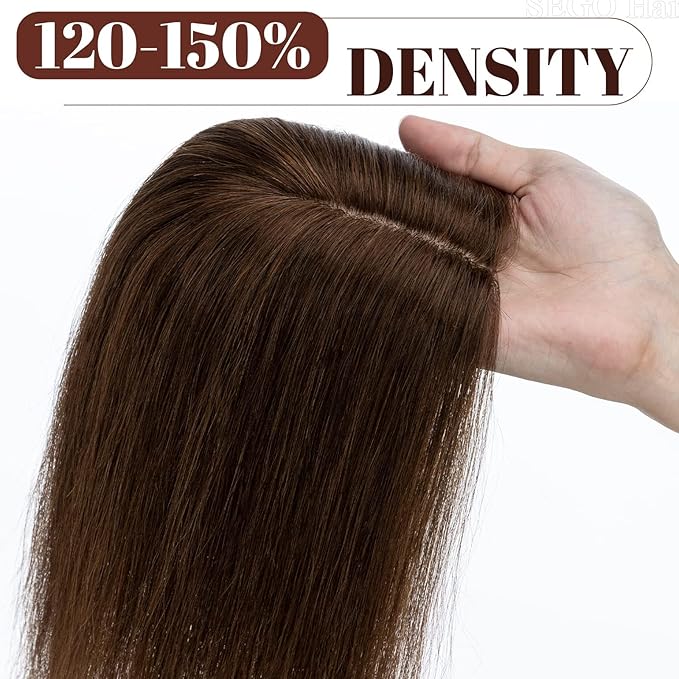 SEGO Hair Topper for Women, Real Human No Bangs Hair Topper with 4 Anti-Slip Clips (6 Inch #4 Medium Brown)