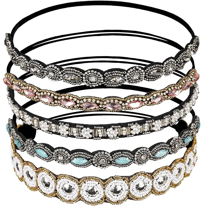 Teenitor 5pcs Hairbands for Women, 5 Rhinestone Beaded Headbands, Head Bands for Women's Hair Fashionable Handmade Crystal Beaded Elastic hairbands, 20-26.8"(51-68cm), 1 Count (Pack of 5), HAIRBAND