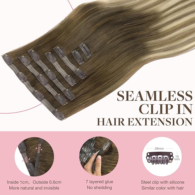 GOO GOO Clip in Hair Extensions Real Human Hair, Remy Human Hair Extensions Clip ins for Women, Natural Human Hair, 22inch 160g 7Pcs, #3/8/613 Balayage Walnut Brown to Ash Brown and Bleach Blonde